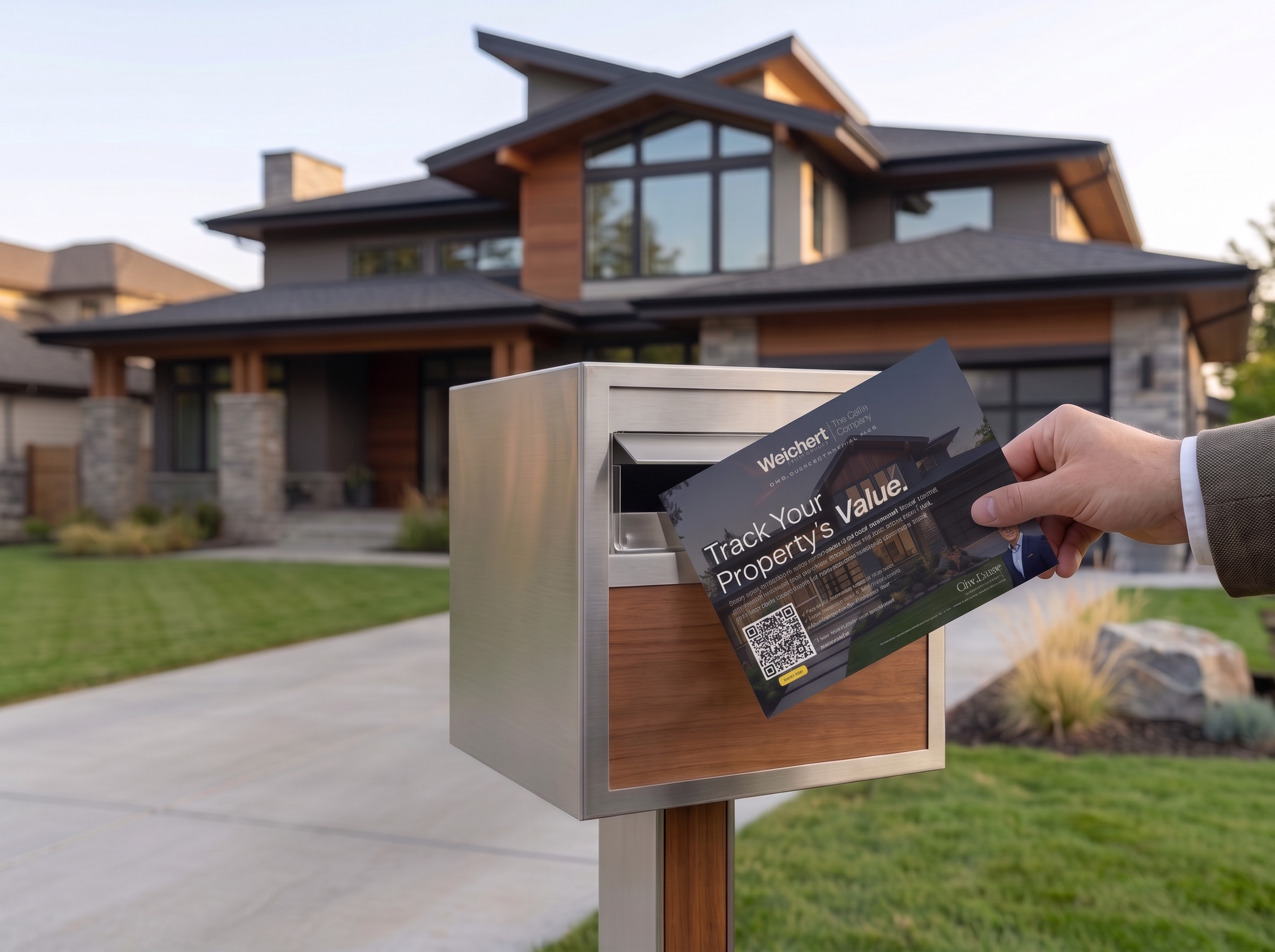 Postcard being placed in a modern mailbox in front of a home